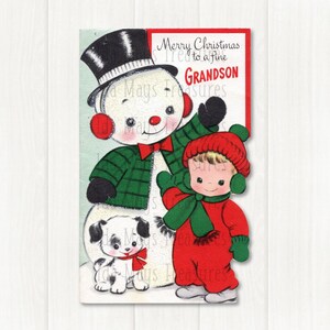 Boy & Puppy Dog With Snowman Christmas Image #306 Digital Download