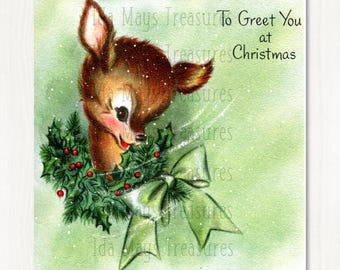 Vintage Deer in Wreath Christmas Card Image, Digital Download #437