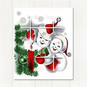 Retro Snowman Couple in Santa Hats Christmas Image #756 Digital Download