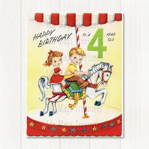 Retro Happy Birthday 4 Year Old Carousel Horse Image #75 Digital Download