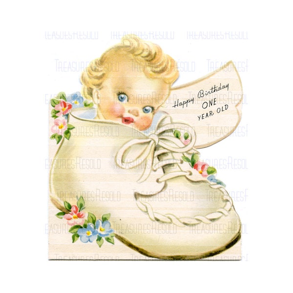 Happy Birthday One Year Old Baby in Baby Shoe 1st Birthday Image #799 Digital Download