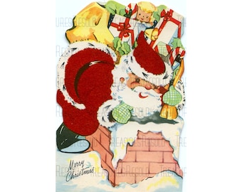 Retro Santa Claus Climbing Down the Chimney with a Sack of Toys Christmas Image #714 Digital Download