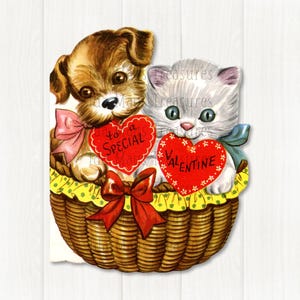 Pu&ograve; includere: Una sagoma di carta in stile vintage raffigurante un cucciolo marrone e un gattino grigio seduti in un cesto di vimini. Il cucciolo indossa un fiocco rosa e il gattino uno blu. Tengono cuori rossi con il testo to a SPECIAL VALENTINE.