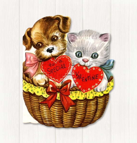 Vintage To A Special Valentine Puppy Dog & Kitten In A Basket Card Image, Digital Download #133
