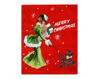 Retro Lady With Presents Walking A Poodle Christmas Image #377 Digital Download