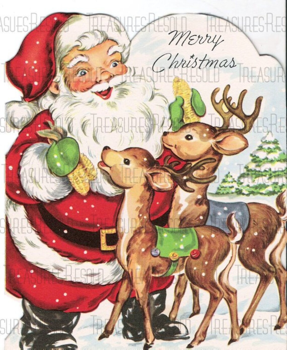 Santa Claus Feeding Reindeer Merry Christmas Image 693 Etsy