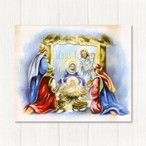 Retro Away In A Manger Mother Mary Baby Jesus Shepherds Kerstafbeelding #742 Digitale download