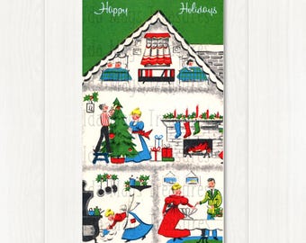 Vintage Family Holiday House Scene Christmas Card Image, Digital Download #524