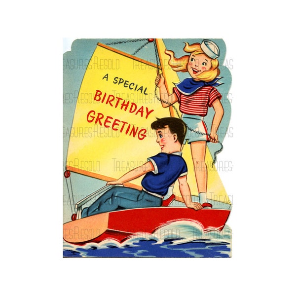 Retro Boy & Girl Sailor Sailboat Birthday Image #418 Digital Download