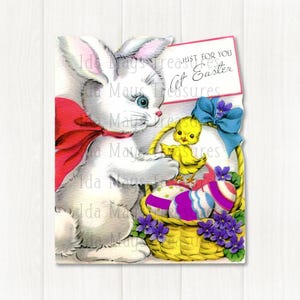 Retro Easter Bunny Eggs &  Chicks in Basket Easter Image 345 Digital Download