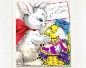 Vintage Easter Bunny Eggs & Chicks in Basket 345 Digital Download Card Image, Digital Download