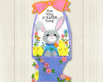 Vintage Easter Bunny & Chicks in Basket Card Image, Digital Download #386