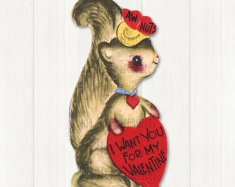 Immagine digitale del biglietto di San Valentino vintage "Aw Nuts I Want You" con scoiattolo, download #655