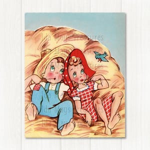 Menino e menina retrô deitados em uma pilha de feno, imagem nº 142, download digital