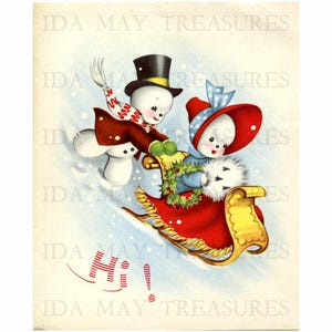Imagen navideña n.° 204 de pareja de muñecos de nieve retro en trineo Descarga digital