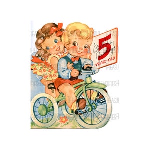 Joyeux anniversaire 5 ans garçon et fille sur tricycle anniversaire image #434 téléchargement numérique
