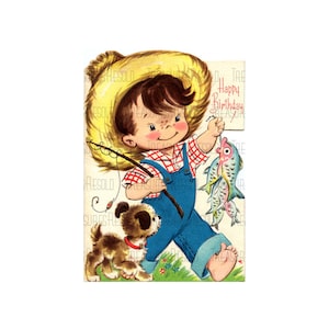 Retro niño pequeño pescador pescando feliz cumpleaños imagen #637 Descarga digital
