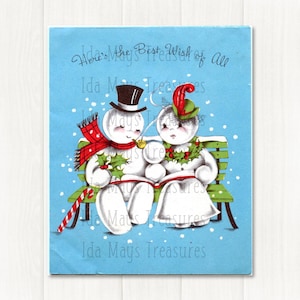 Retro Snowman Couple On Park Bench Christmas Image #245 Digital Download