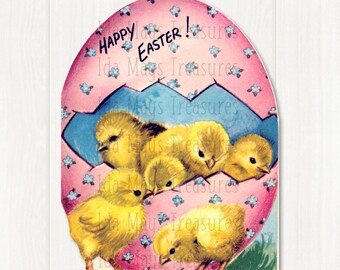 Vintage Chicks In A Easter Egg Happy Card Image, Digital Download #685