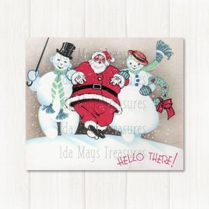 Retro Snowman Couple Arm  & Arm With Santa Claus Christmas Image #692 Digital Download