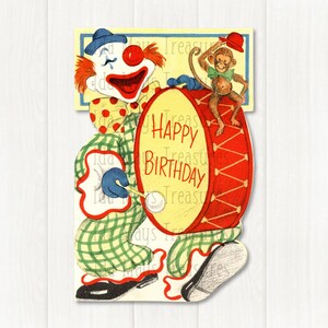 Imagen de feliz cumpleaños de un mono payaso tocando el tambor retro #512 Descarga digital