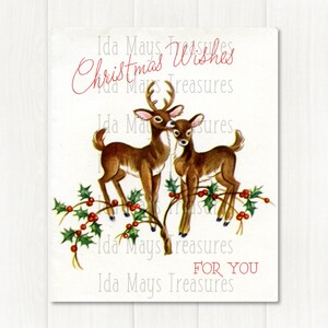 Retro Christmas Wishes Buck and Doe Deer Holly Christmas Image #741 Digital Download