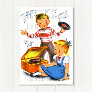 Retro Boy and Girl Playing Records Happy Birthday Image #55 Digital Download