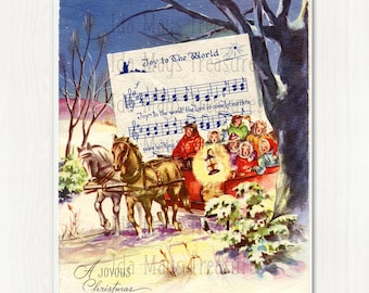 May include: A vintage-style Christmas card illustration featuring a horse-drawn sleigh carrying people through a snowy landscape. A sheet of music with the text Joy to the World is overlaid in the center. The bottom includes the text A Joyous Christmas.