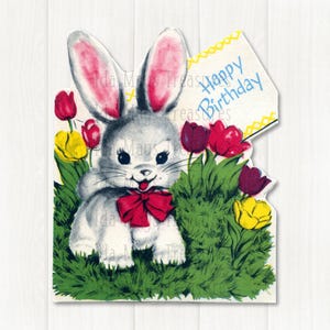 Imagen de feliz cumpleaños de conejo retro con flores de primavera n.° 686, descarga digital
