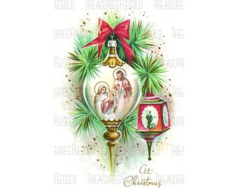 Vintage Nativity Religious Scene in Bulb Ornament On Pine Branch Christmas Image #720  Digital Download