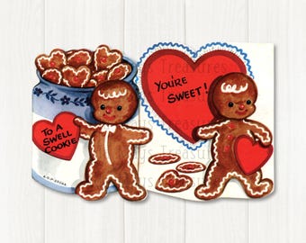 Immagine vintage del biglietto di San Valentino con omini di pan di zenzero "You're Sweet Cookie", download digitale #649