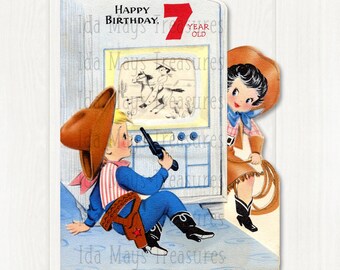 Vintage Happy Birthday 7 Year Old Cowboy Cowgirl TV Card Image, Digital Download #161