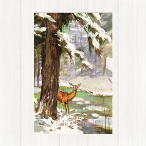 Retro Winter Deer in Snowy Woods Christmas Image #864 Digital Download
