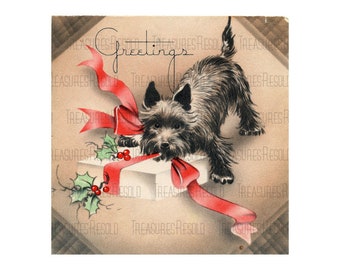 Retro Black Scottie Dog With Present Christmas Image #465 Digital Download