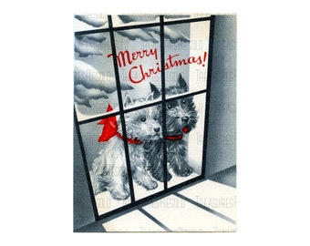 Retro Black Scottie Dogs Looking Out The Window Merry Christmas Image #680 Digital Download