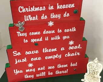 Christmas in Heaven, save them a seat, one empty chair, Red with red/green ribbon, green rhinestones & snowflakes with elegant antique chair