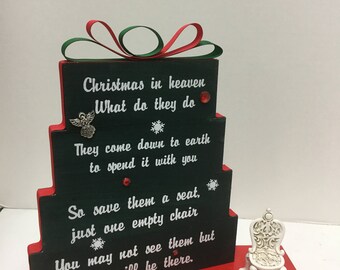 Christmas in Heaven, save them a seat, one empty chair, Green with red/green ribbon, red rhinestones & snowflakes with elegant antique chair