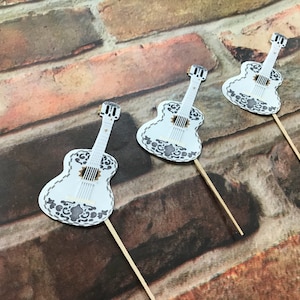 White guitar cupcake sticks; Inspired by Disney&#39;s Coco Guitar; Fiesta party; Guitar decorations; Cinco De Mayo party