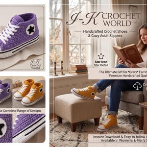 May include: A digital PDF pattern for handcrafted crochet shoes and slippers from J-K Crochet World. The design features a high-top sneaker style with white laces, a white toe cap, a black stripe, and a circular patch with a black star.