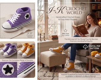 Crochet Sneakers Pattern, Converse Style Women Shoes PDF, Adult Crochet Slippers Pattern, Handmade Gift Ideas, High Top Boots Tutorial