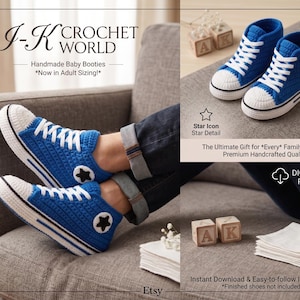 May include: Blue crochet sneakers with white laces, white toe caps, and black star patches on the sides. The text reads J-K CROCHET WORLD, Handmade Baby Booties, Now in Adult Sizing, Star Icon, Star Detail, The Ultimate Gift for Every Family Member, Premium Handcrafted Quality, DIGITAL PDF PATTERN, Instant Download & Easy-to-follow Instructions, Finished shoes not included.