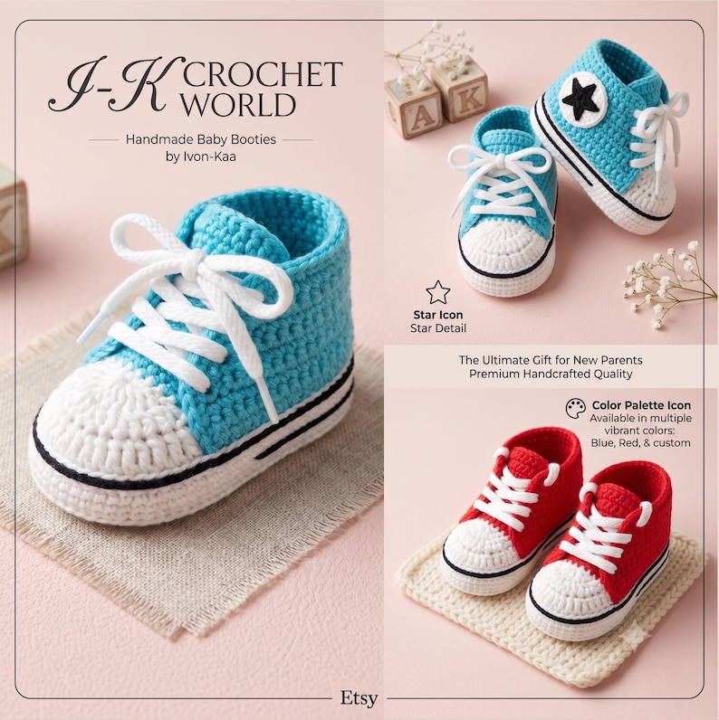 May include: Handmade crochet baby booties styled like high-top sneakers. The set includes blue booties with white laces, white toe caps, and black trim, plus a red pair with white laces. Text includes J-K Crochet World and Etsy branding.