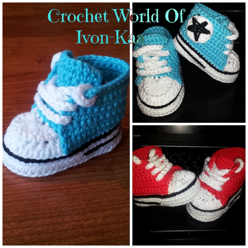 May include: Crochet baby booties designed as high-top sneakers in bright blue and red colors with white laces, white toe caps, and black trim details. The text Crochet World Of Ivon-Kaa is visible at the top of the image, featuring these handmade shoes.