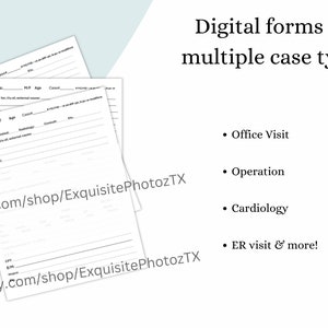 Puede incluir: Una descarga digital de formularios imprimibles para registros médicos. Los formularios son para diferentes tipos de visitas médicas, incluyendo visitas al consultorio, operaciones, cardiología y visitas a la sala de emergencias. El texto en la imagen dice "Formularios digitales para múltiples tipos de casos" y enumera los diferentes tipos de formularios disponibles.