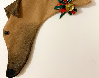 Hand painted tan Greyhound Christmas with dark face stocking *felt*