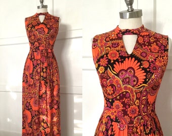 1960s-70s Paisley Maxi with Keyhole Neckline