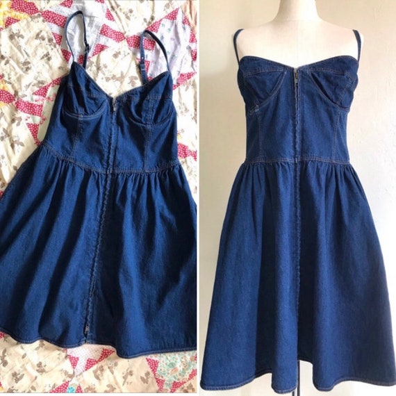 80s 90s Strappy Denim Bustier Dress M L