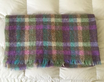 Vintage 1980s Plaid Mohair Throw Lap Blanket