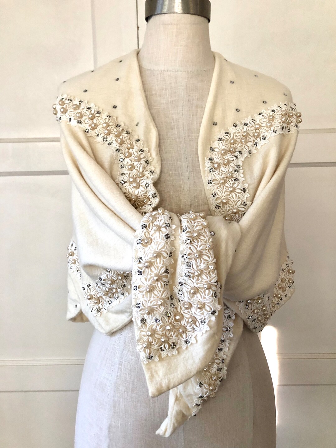 1950s 1960s Wool Capelet With Rhinestones and Pearl Embellishments Etsy
