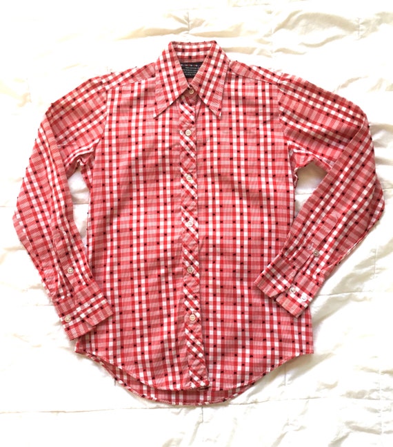 70s 80s Checked Picnic Plaid Button Up Shirt - image 1